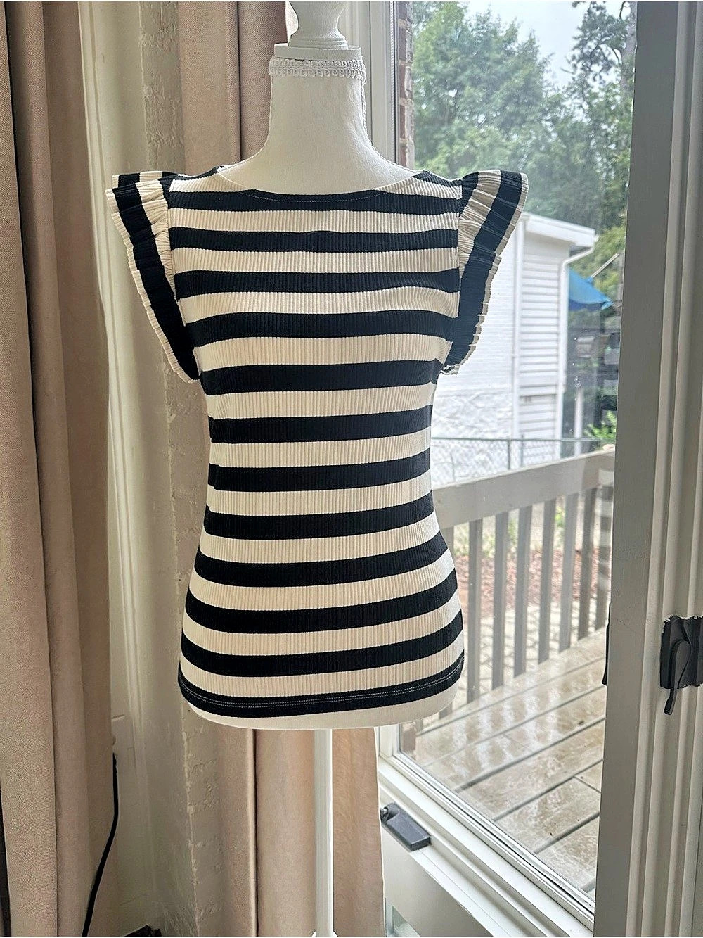 J.Crew Striped Ruffle Sleeve Top in Black & Cream Like New